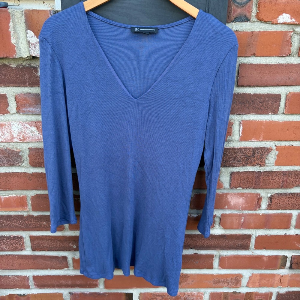 INC International Concepts Blue Ribbed V-Neck 3/4 Sleeve Top Womens XL